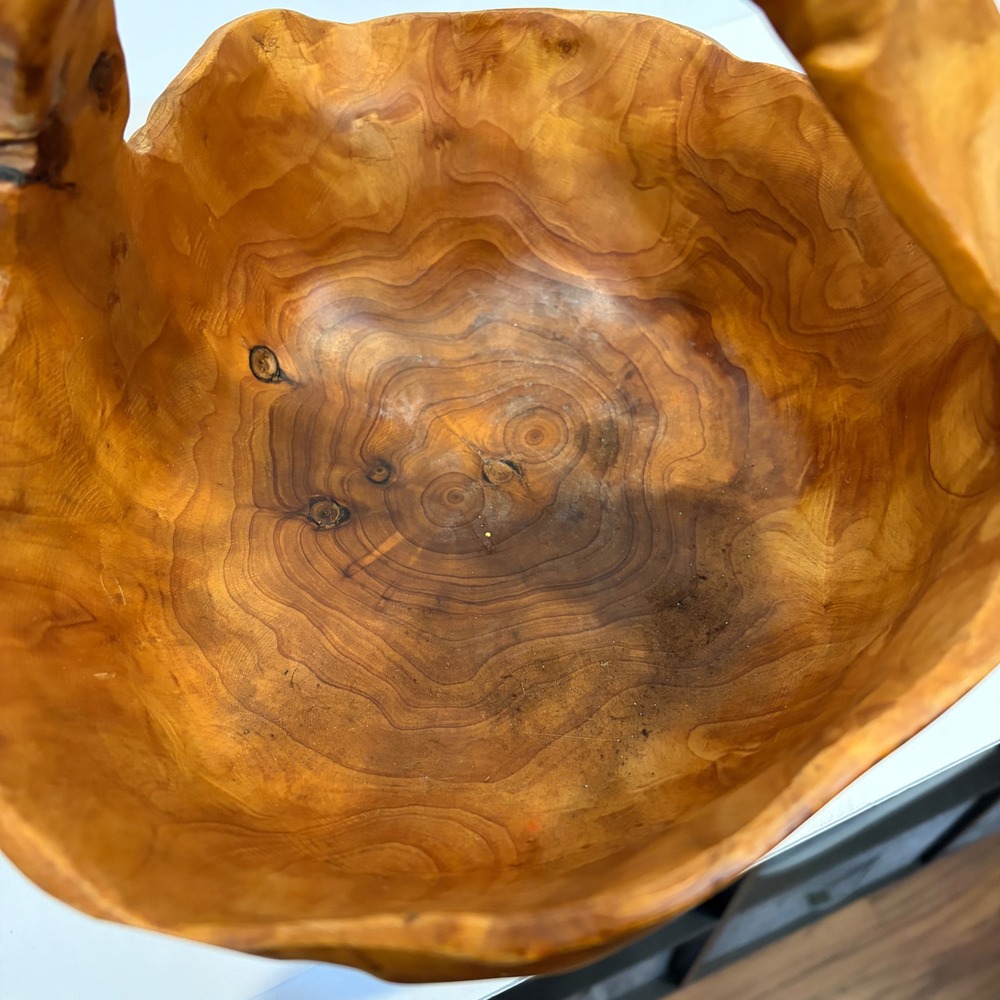 Hand Carved Root Wood Basket Brown Live Edge Rustic Decorative Bowl Handle - Picture 9 of 11